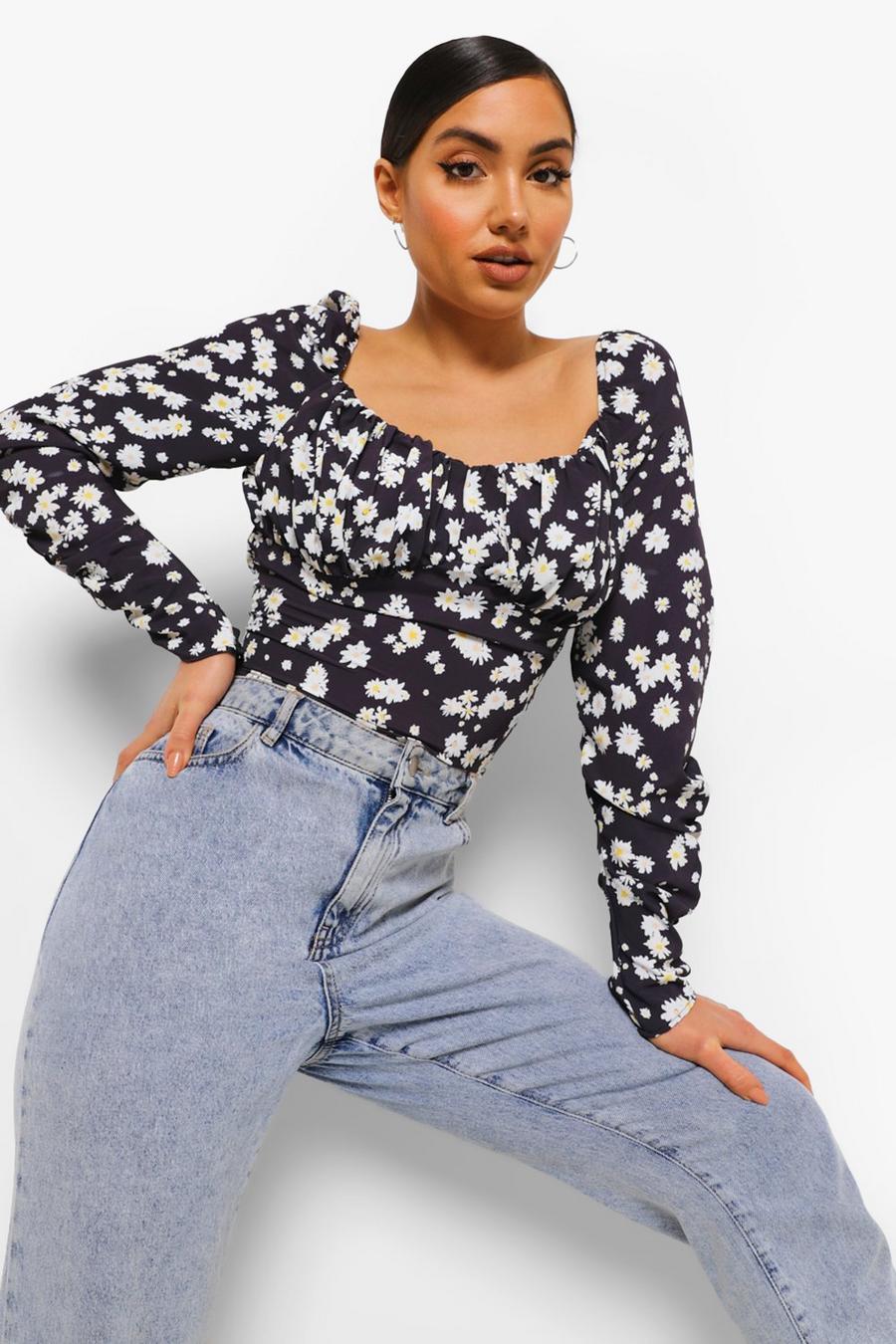 Black Ditsy Floral Peasant Style Top