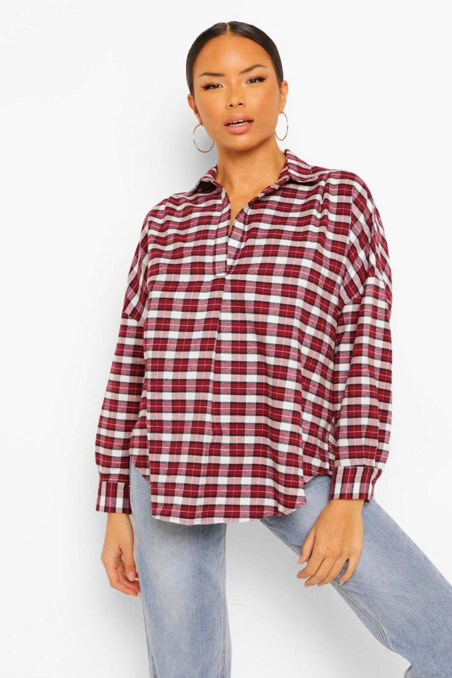 Berry Check Oversized Collared Shirt image number 1