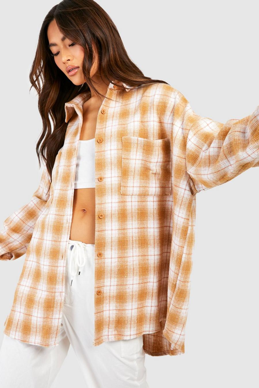 Stone beis Oversized Checked Shirt