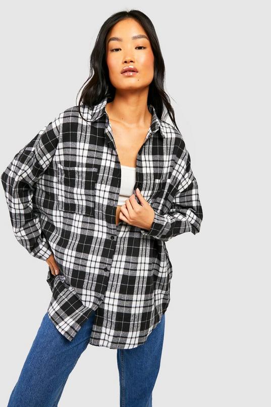 Women's Black Oversized Checked Shirt | Boohoo UK