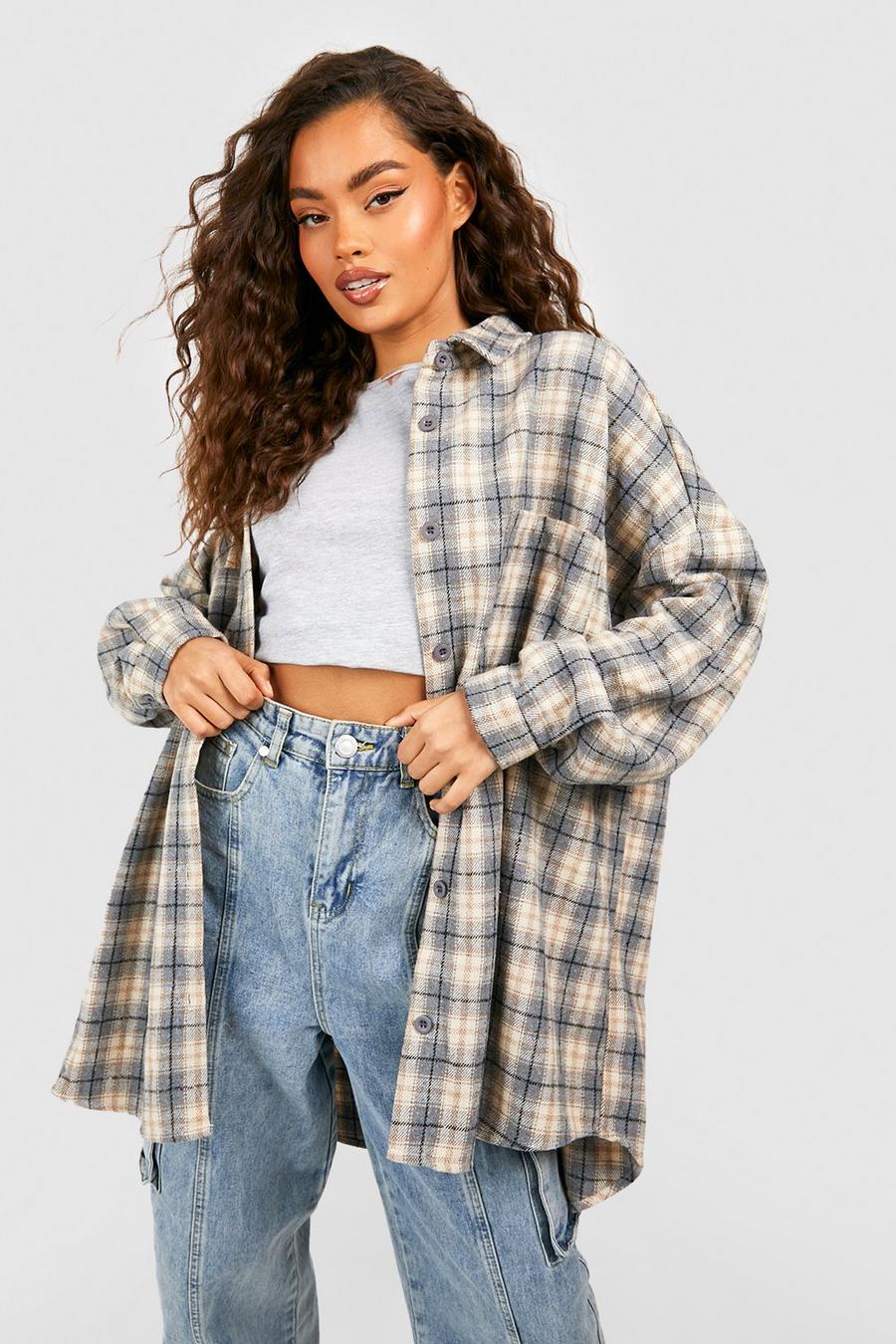 Grey grå Oversized Checked Shirt image number 1