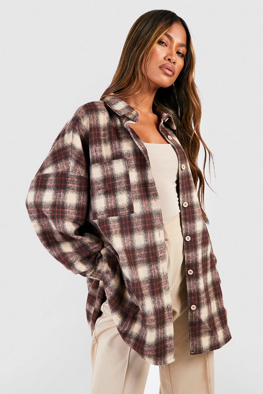 Stone beis Oversized Checked Shirt