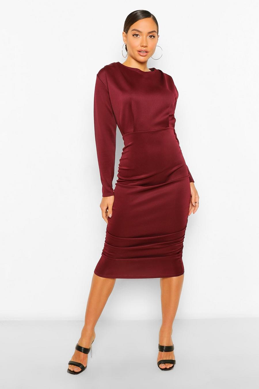 Berry red Shoulder Pad Ruched Skirt Midi Dress image number 1