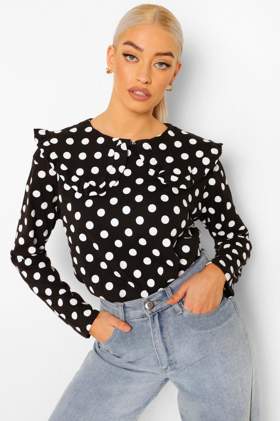 Black Polka Dot Oversized Ruffle Collar T-Shirt image number 1