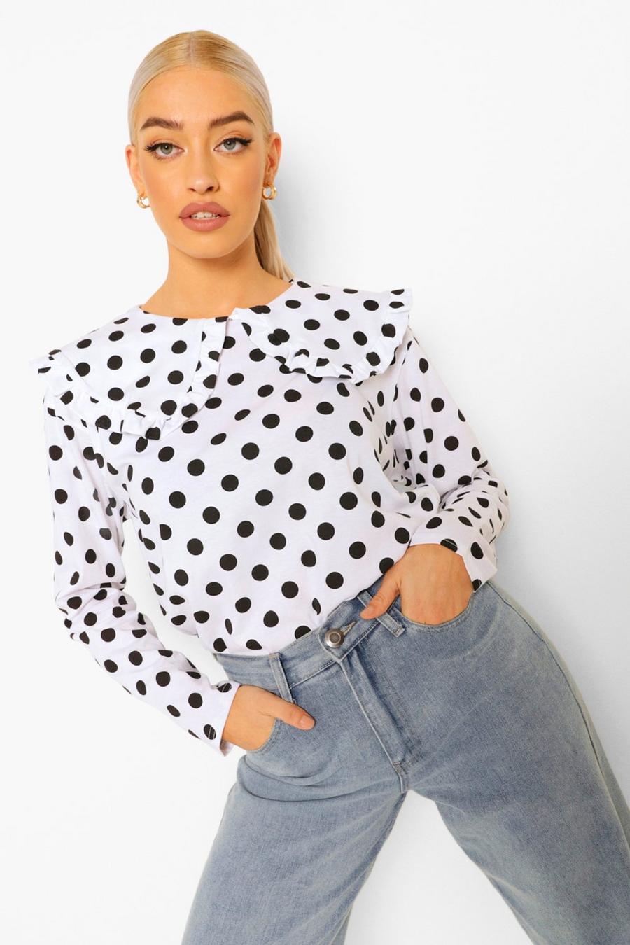 White Polka Dot Oversized Ruffle Collar T-Shirt image number 1