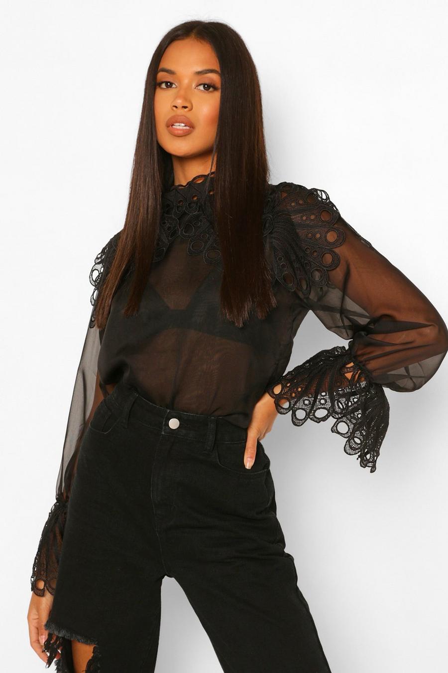 Black Oversized Lace Applique Collar And Cuff Shirt image number 1