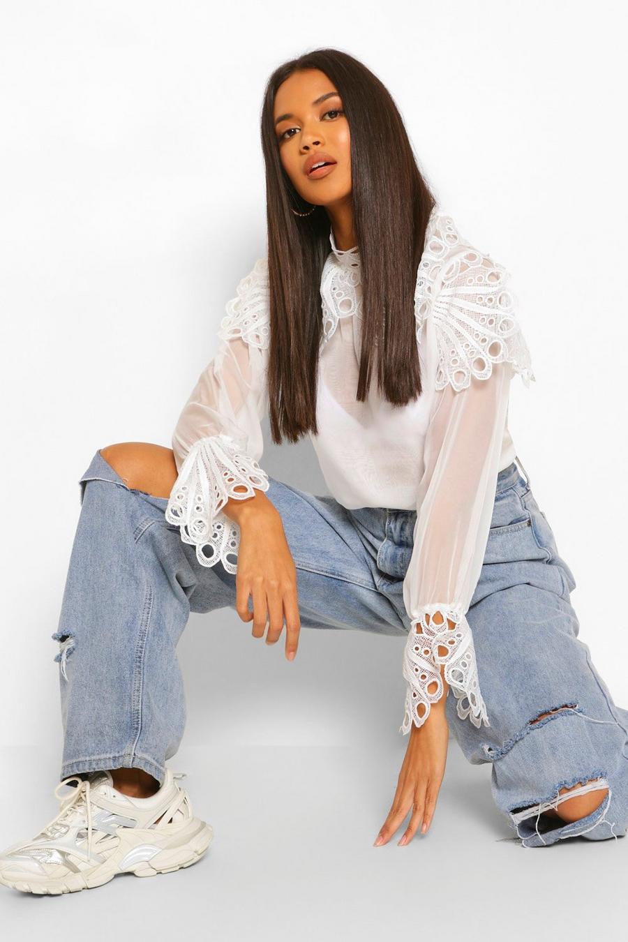 White Oversized Lace Applique Collar And Cuff Shirt image number 1