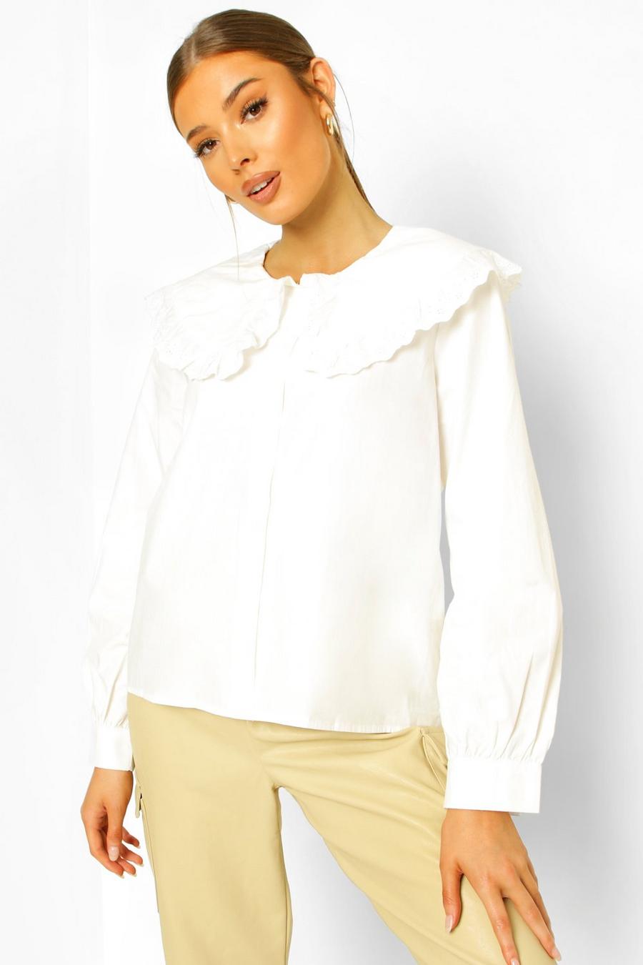 לבן חולצת סמוק מבד פופלין כותנה עם צווארון רחב image number 1