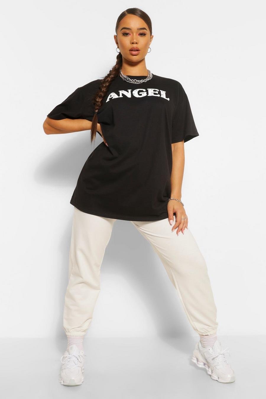 T-shirt oversize con stampa a bandana della scritta “Angel”, Nero image number 1