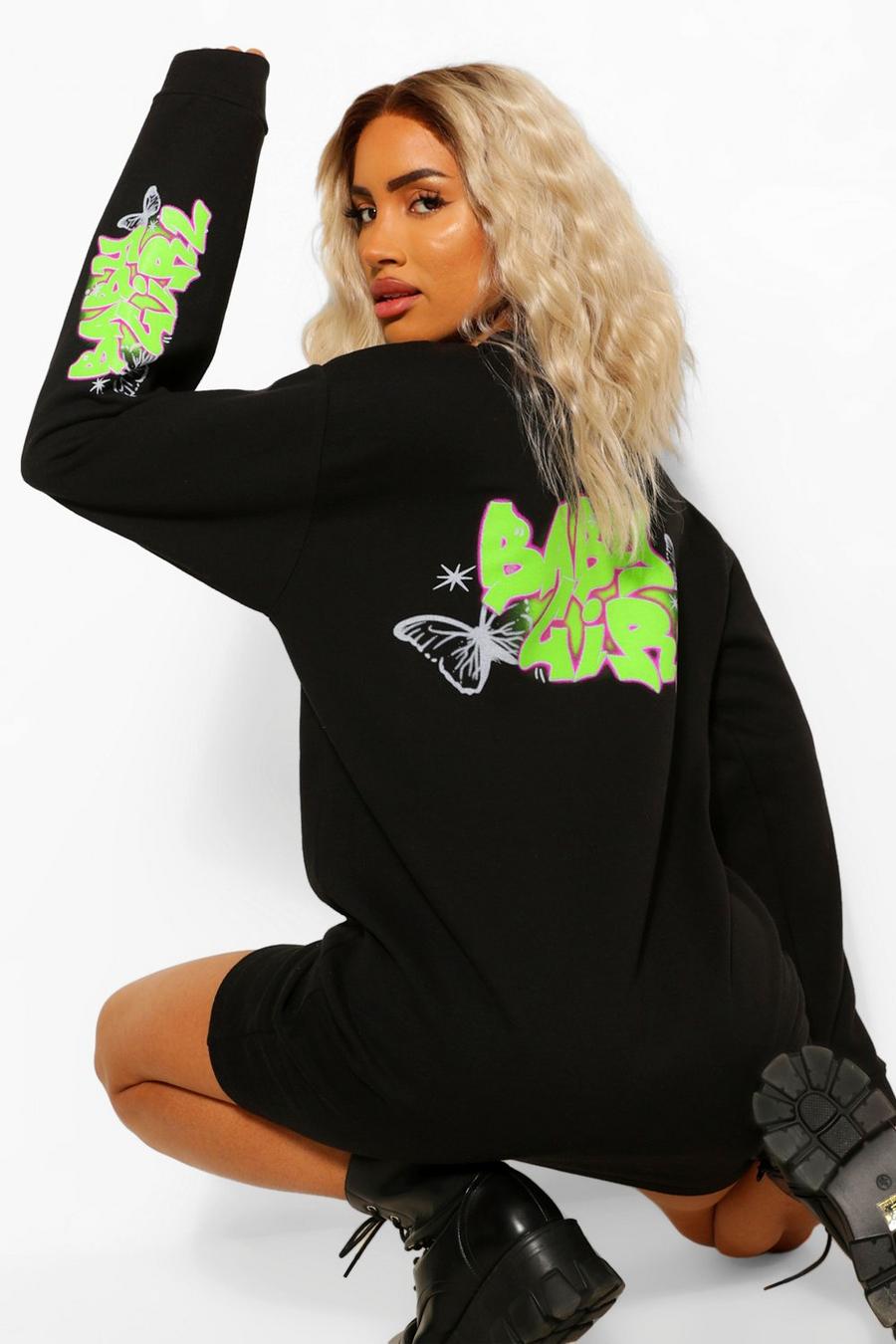 Black Graffiti Print 'Babygirl' Acid Wash Sweatshirt Dress image number 1