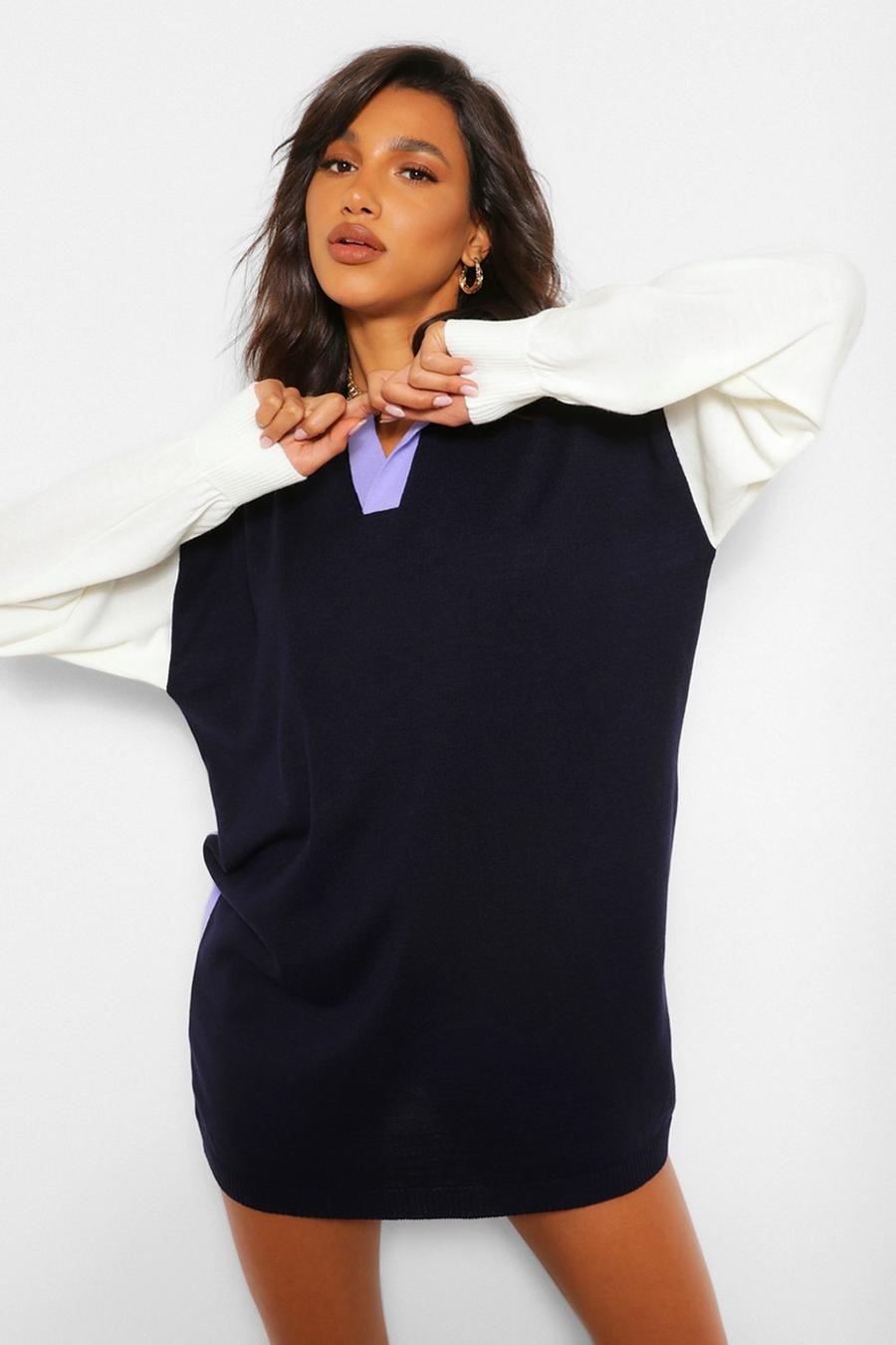 Navy Colour Block Rugby Sweater Dress image number 1