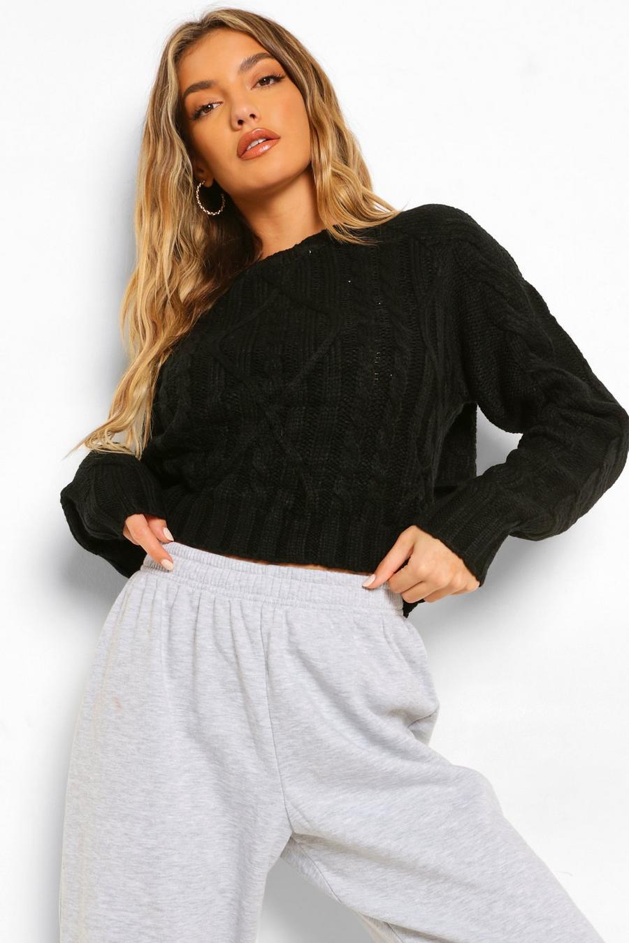 Black Lace Up Back Chunky Cable Jumper image number 1