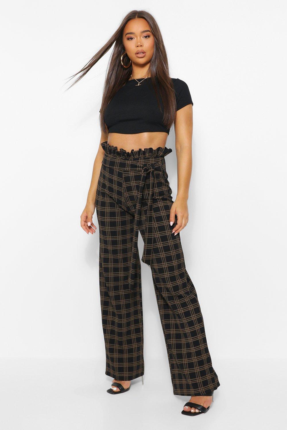 Paperbag High Waist Checked Wide Leg Trouser boohoo NZ