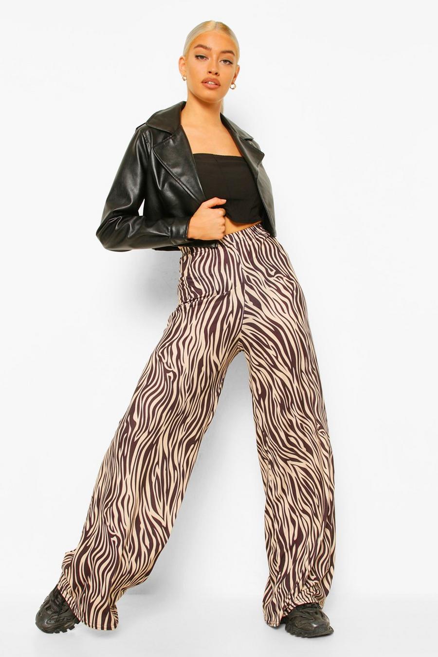 Brown Tonal Tiger Jersey Wide Leg Trousers image number 1