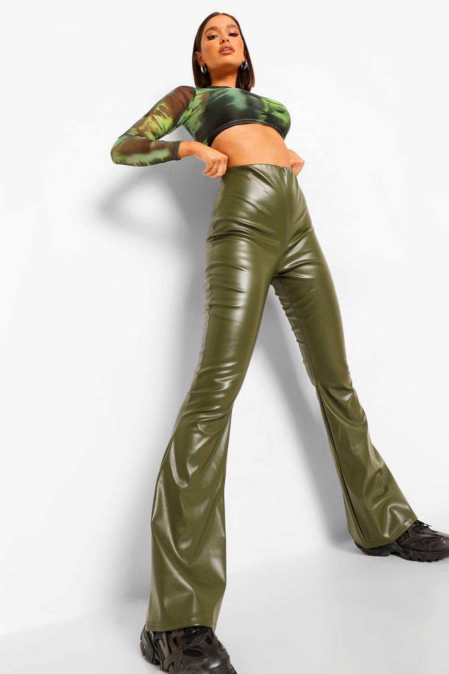 Khaki Leather Look PU Faux Leather Flares image number 1