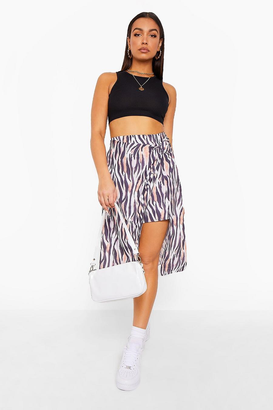 Nude Zebra Print Draped Midi Skirt image number 1