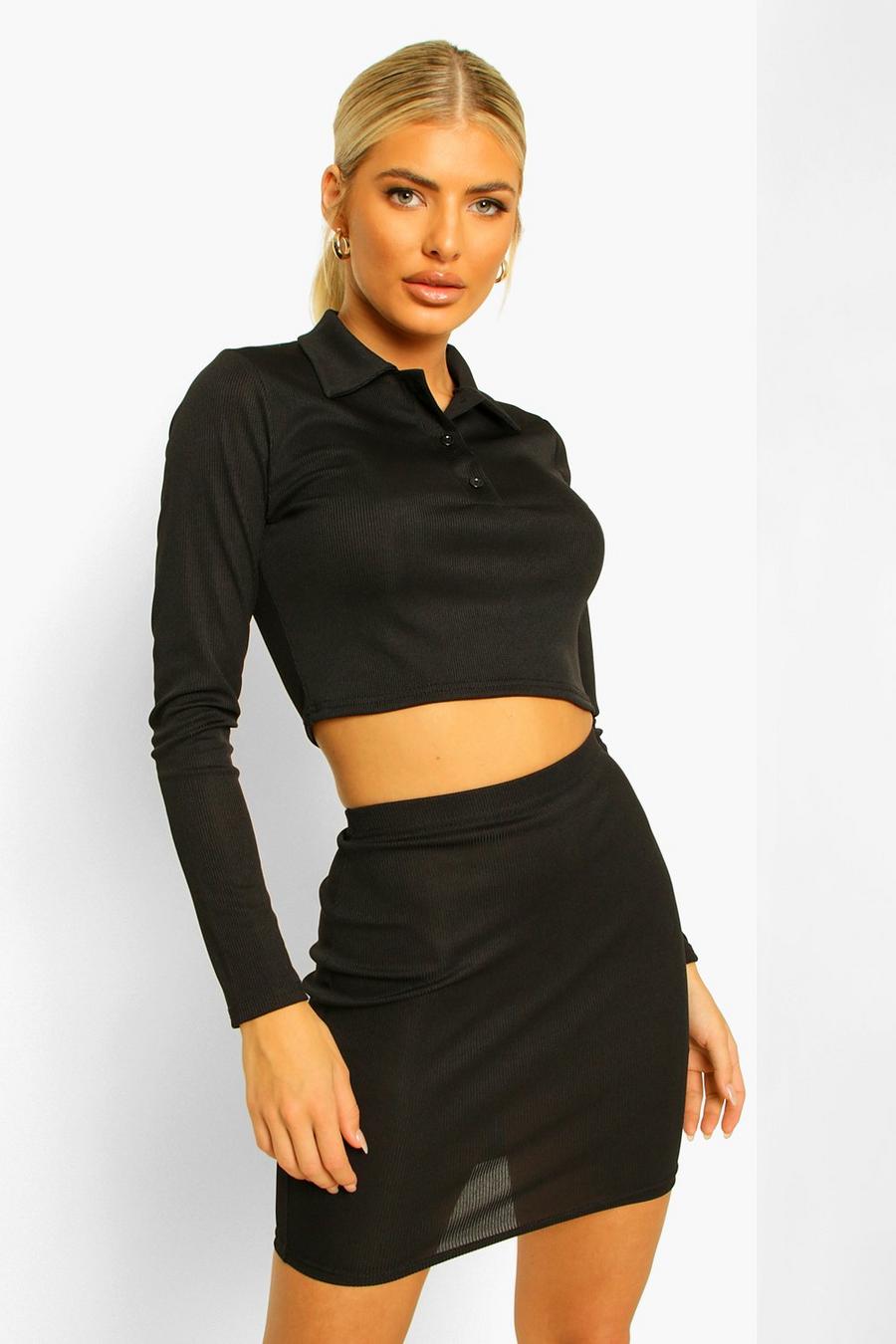 Black Long Sleeve Rib Polo Top and Mini Skirt Co-ord image number 1