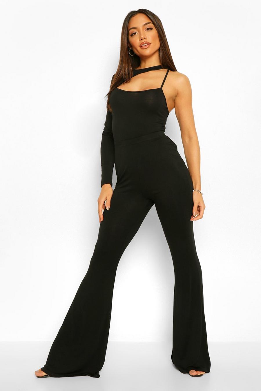 שחור סט תואם של בגד גוף אסימטרי עם פתחים ומכנסיים מתרחבים image number 1