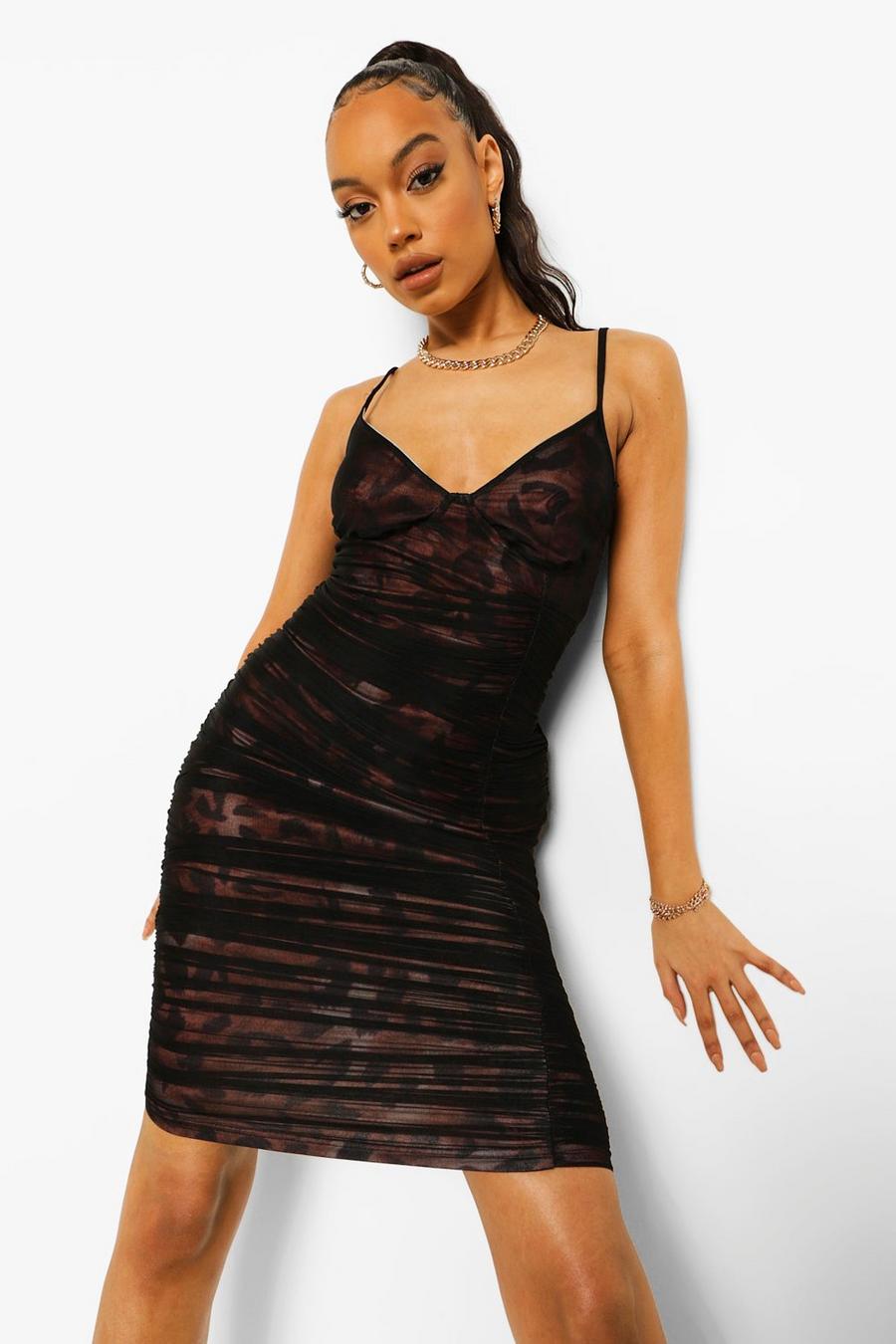 Brown Leopard Ruched Mesh Midi Dress image number 1