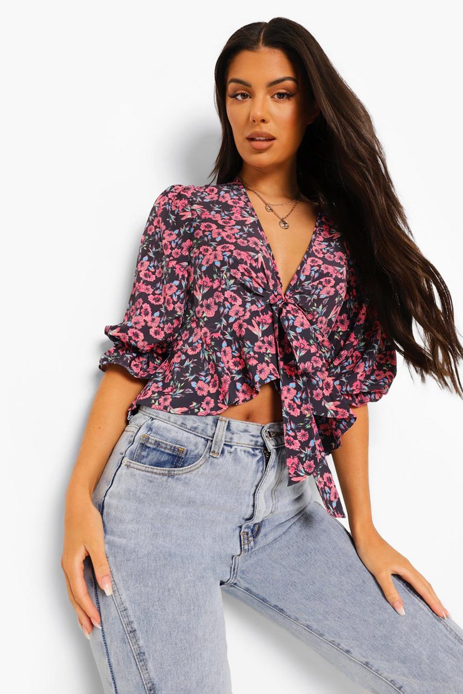 Red Floral Tie Front Blouse image number 1