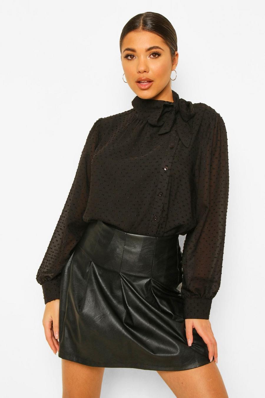 Black Dobby Mesh Pussy Bow Blouse image number 1