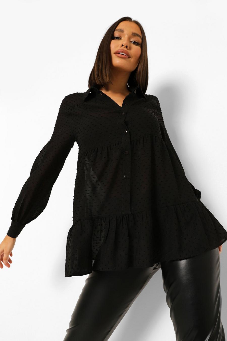 Black Oversize skjorta i prickig mesh med volanger image number 1