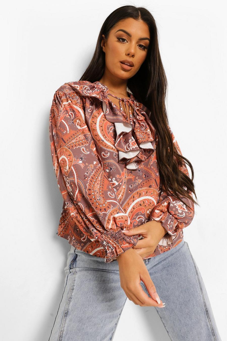 Brown Paisley Print Shirred Sleeve Tie Neck Blouse image number 1