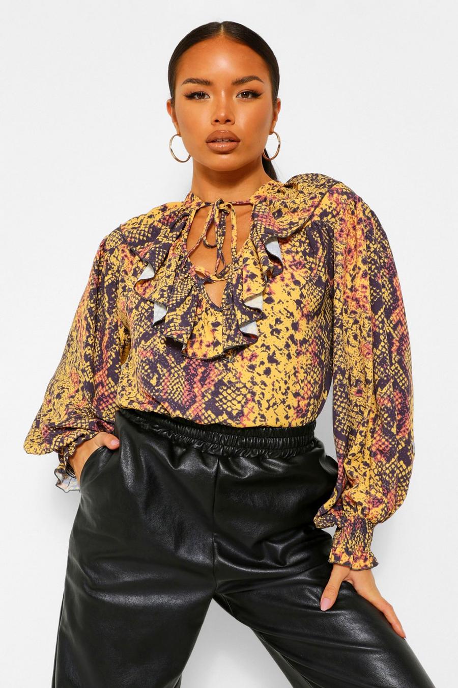 Rust Snake Print Ruffle Tie Up Neck Blouse image number 1