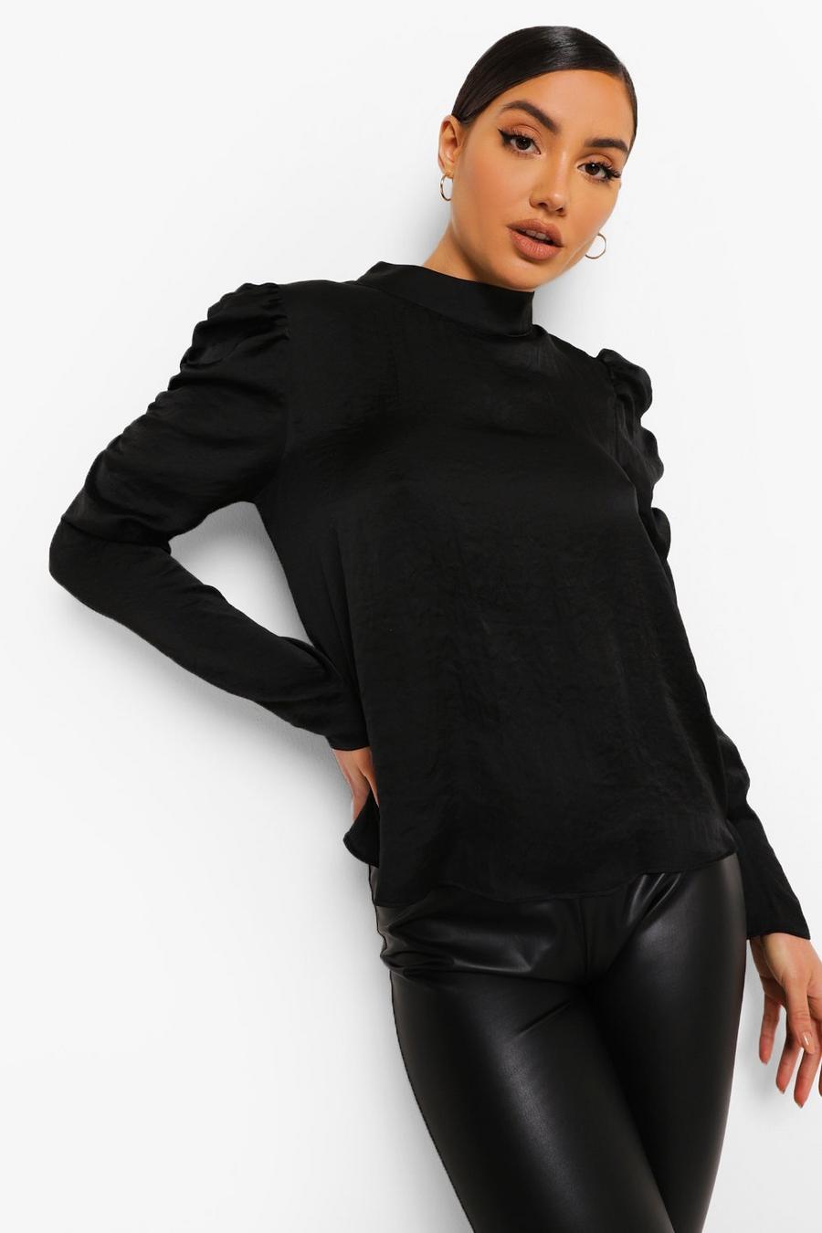 Black Pleat Detail Ruched Sleeve Top image number 1
