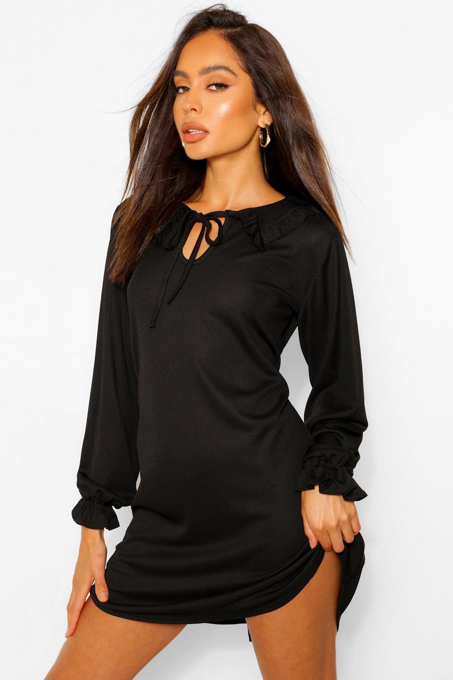 שחור שמלת סמוק אוברסייז עם קשירה בצווארון image number 1