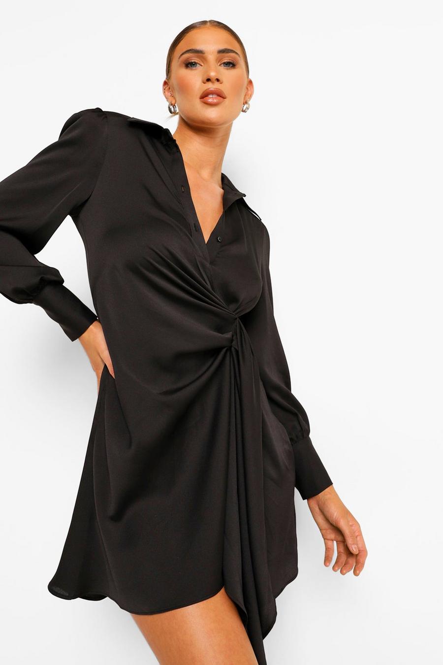 שחור שמלת חולצה מסאטן עם אלמנט תלוי עם נוכחות image number 1
