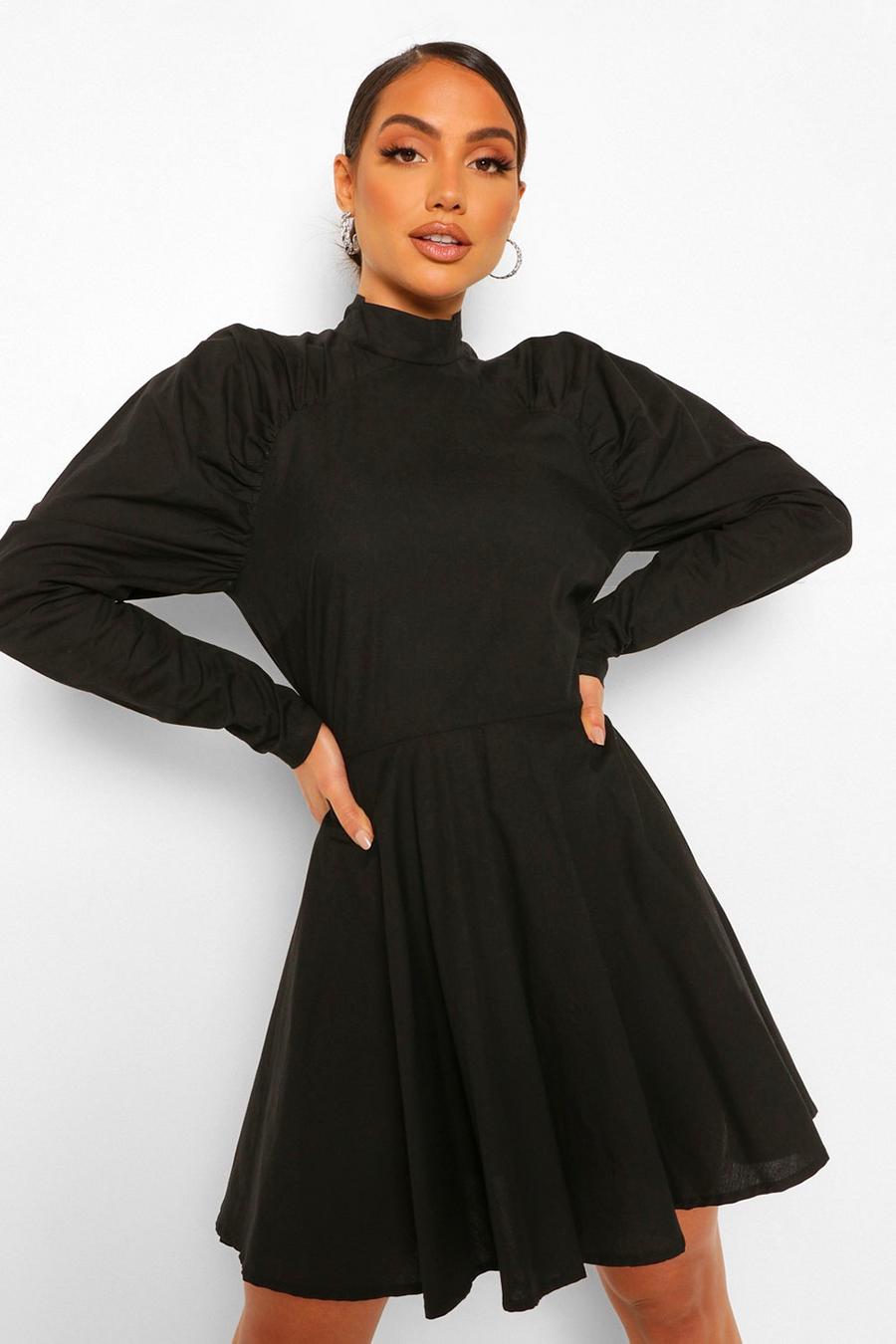 שחור שמלת סקייטר מכותנה עם קפלים ושרוולים נפוחים image number 1