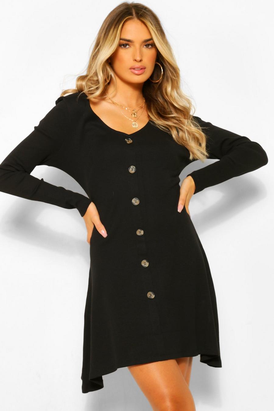 שחור שמלת סקייטר ריב עם שרוולים ארוכים וכפתורים image number 1