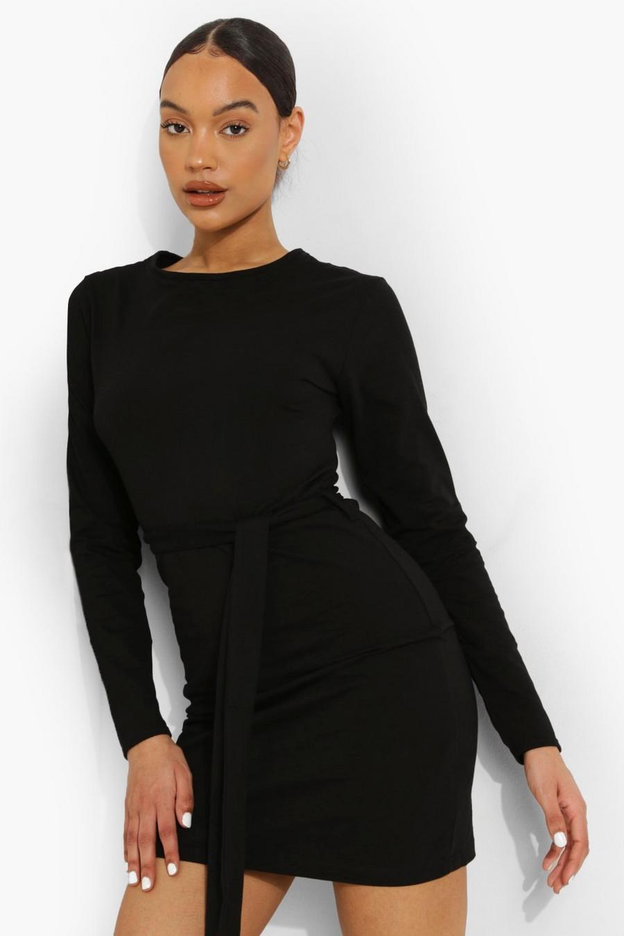 Black Long Sleeve Belted Mini Dress image number 1