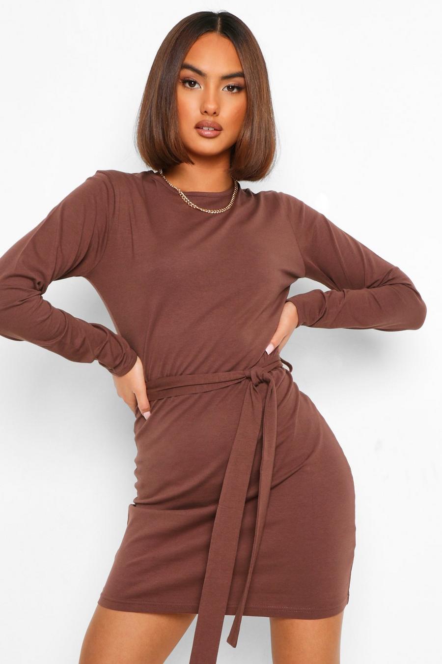 Chocolate Long Sleeve Belted Mini Dress image number 1