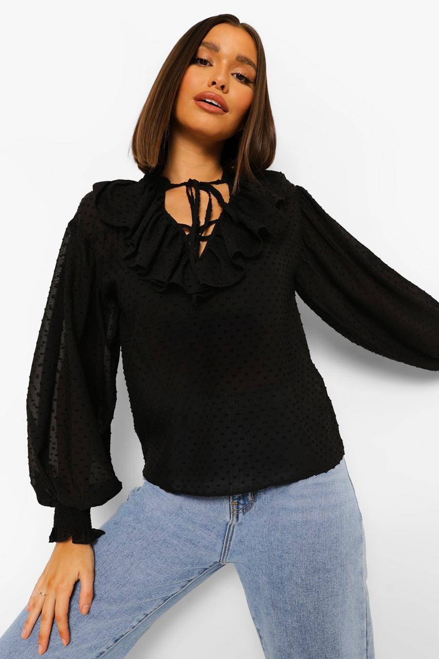 Black Dobby Mesh Tie Neck Ruffle Front Top image number 1