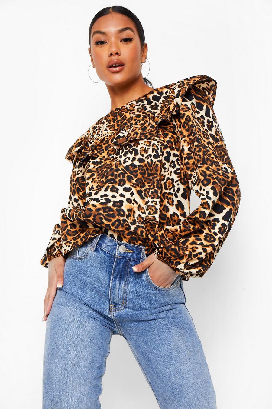 Brown Leopard Print Shirred Cuff Blouse image number 1