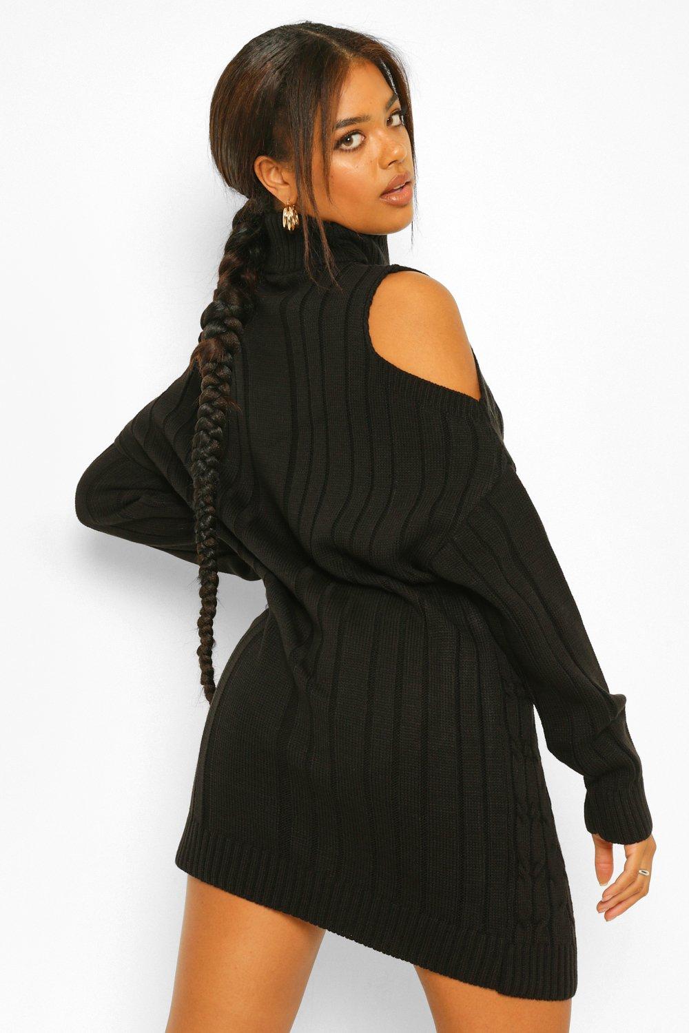 Cold Shoulder Cable Knit Roll Neck Jumper Dress boohoo