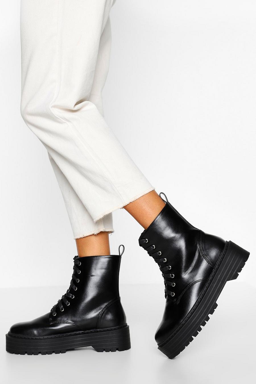 Black Wide Width Chunky Combat Boots