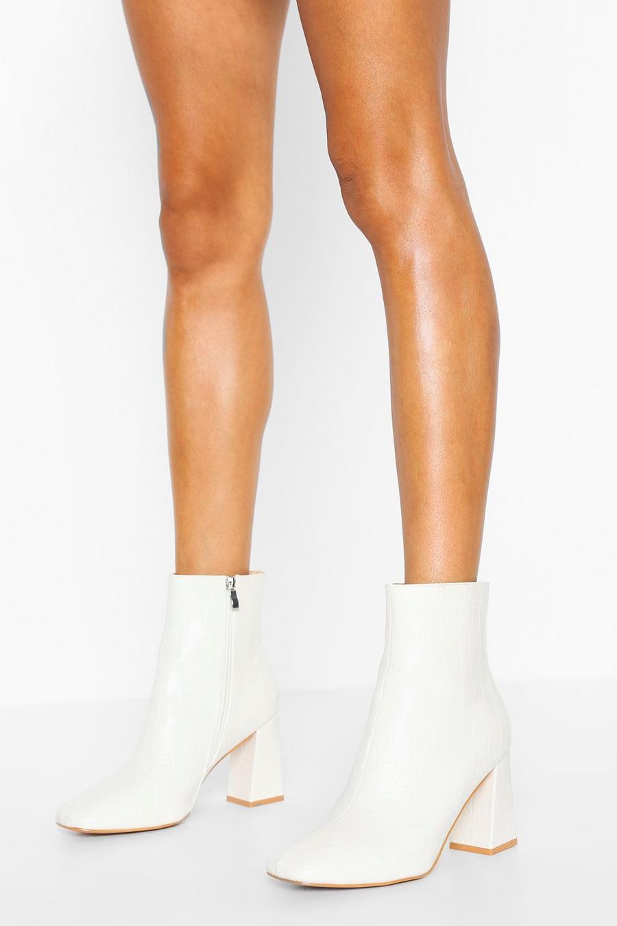 White blanc Wide Fit Croc Block Heel Shoe Boots