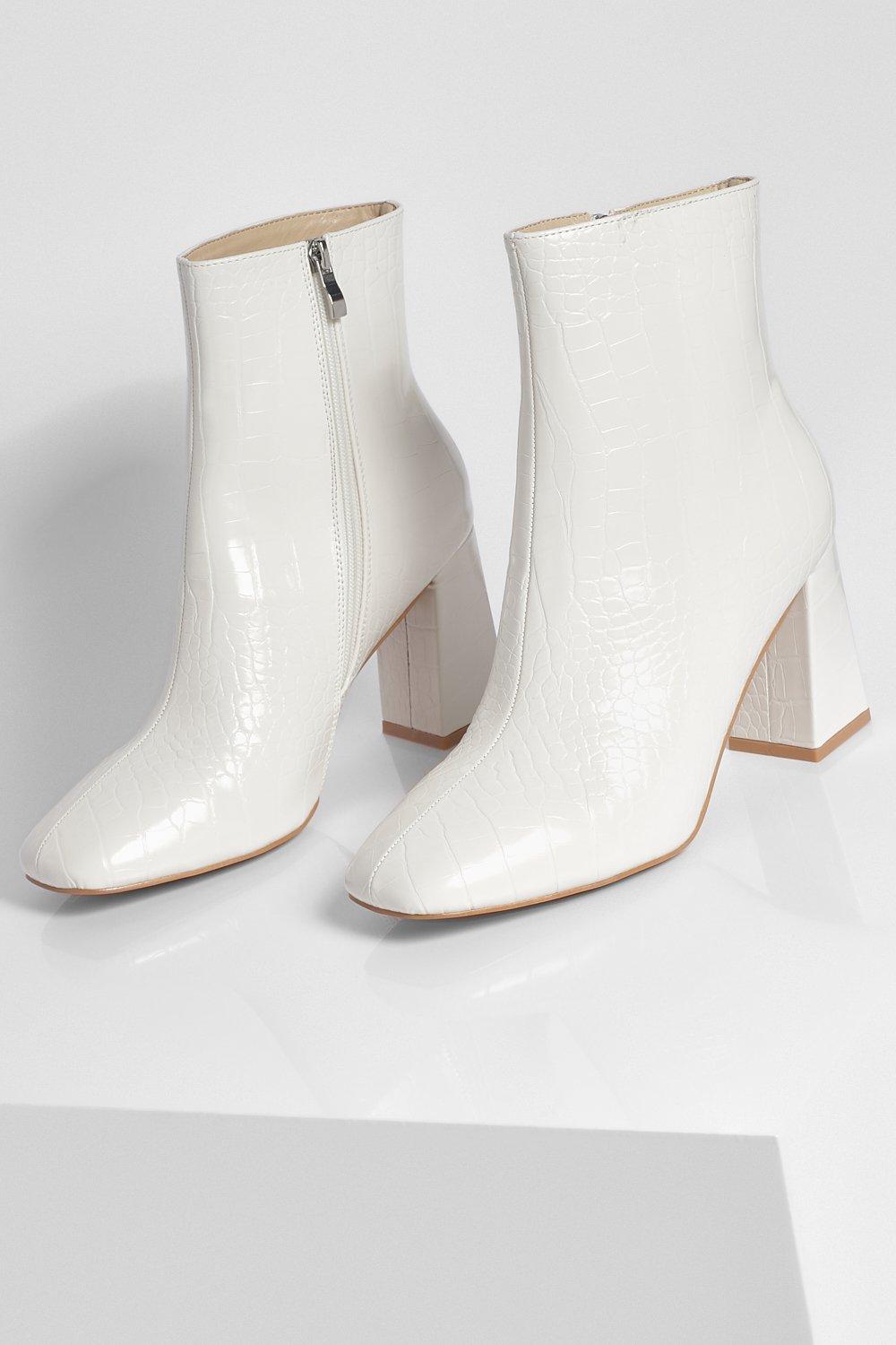 white croc block heel shoe boots