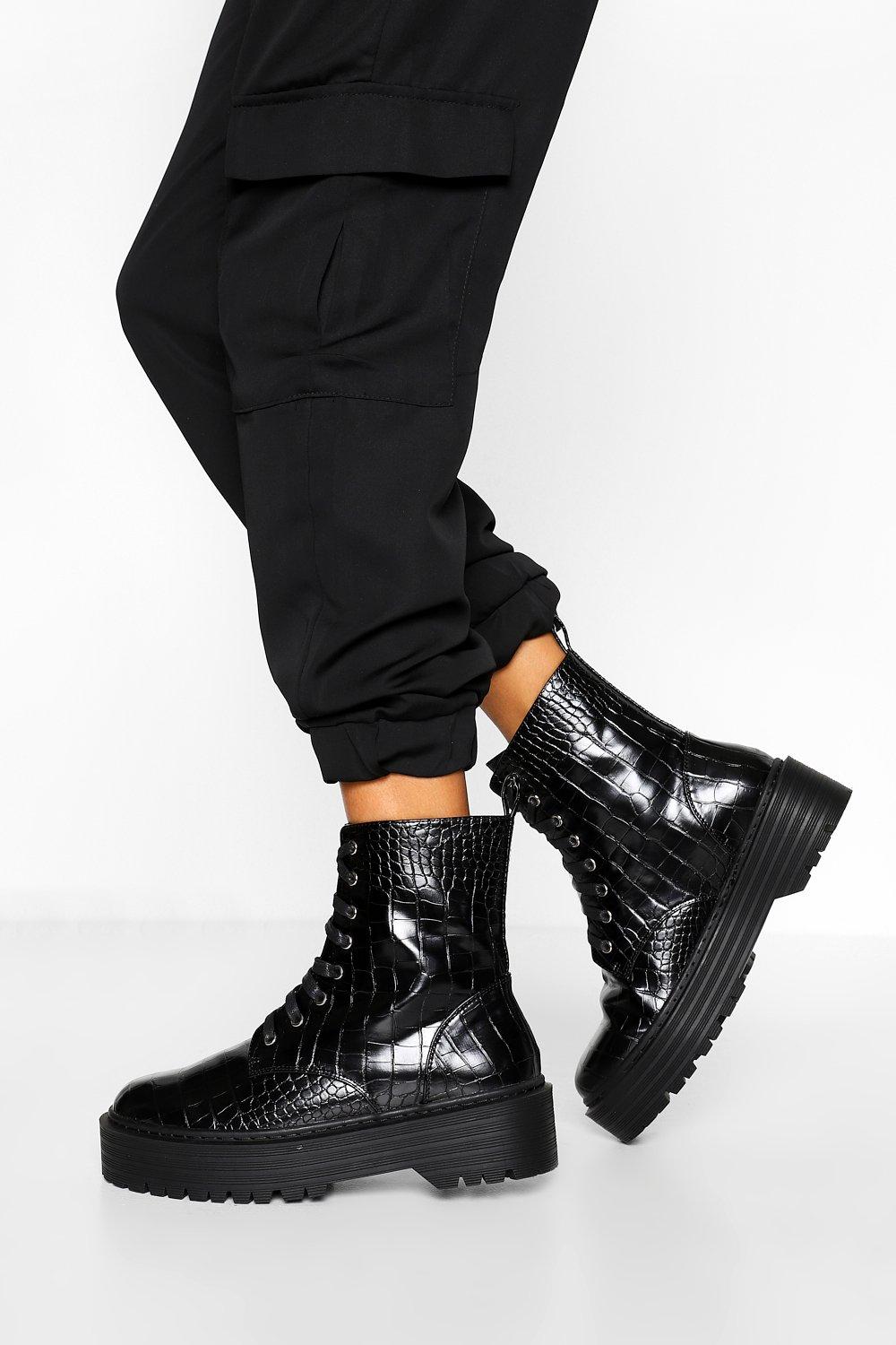 wide width black combat boots