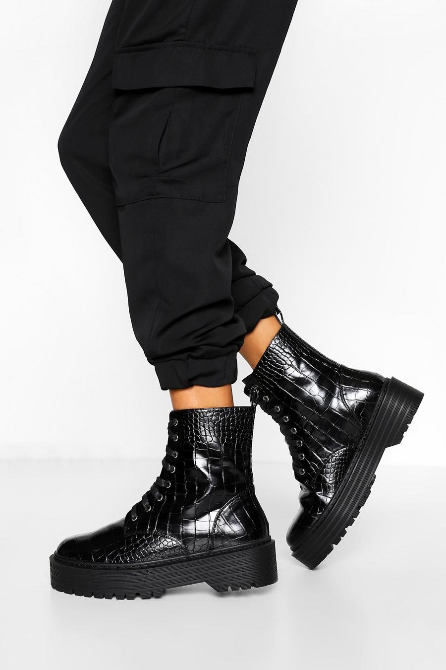 Black Wide Width Croc Chunky Combat Boots
