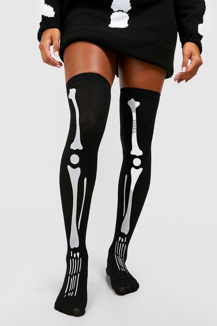 Black Halloween Skeleton Over The Knee Socks image number 1