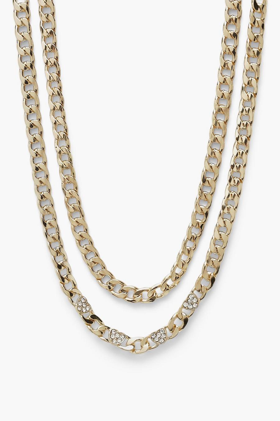 Gold 2 Pack Diamante Heart And Curb Chain Choker image number 1