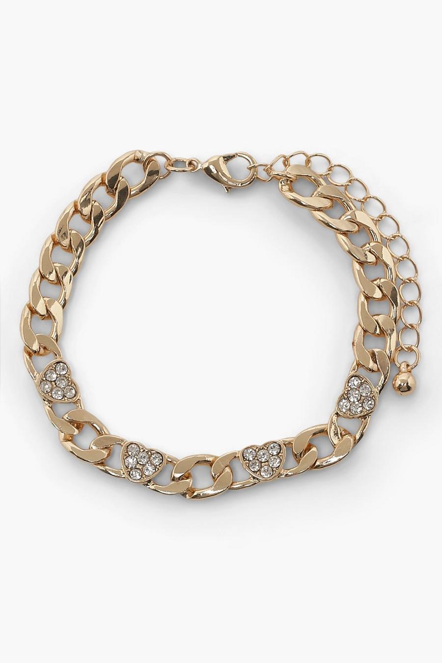 Gold Rhinestone Heart Curb Chain Bracelet image number 1