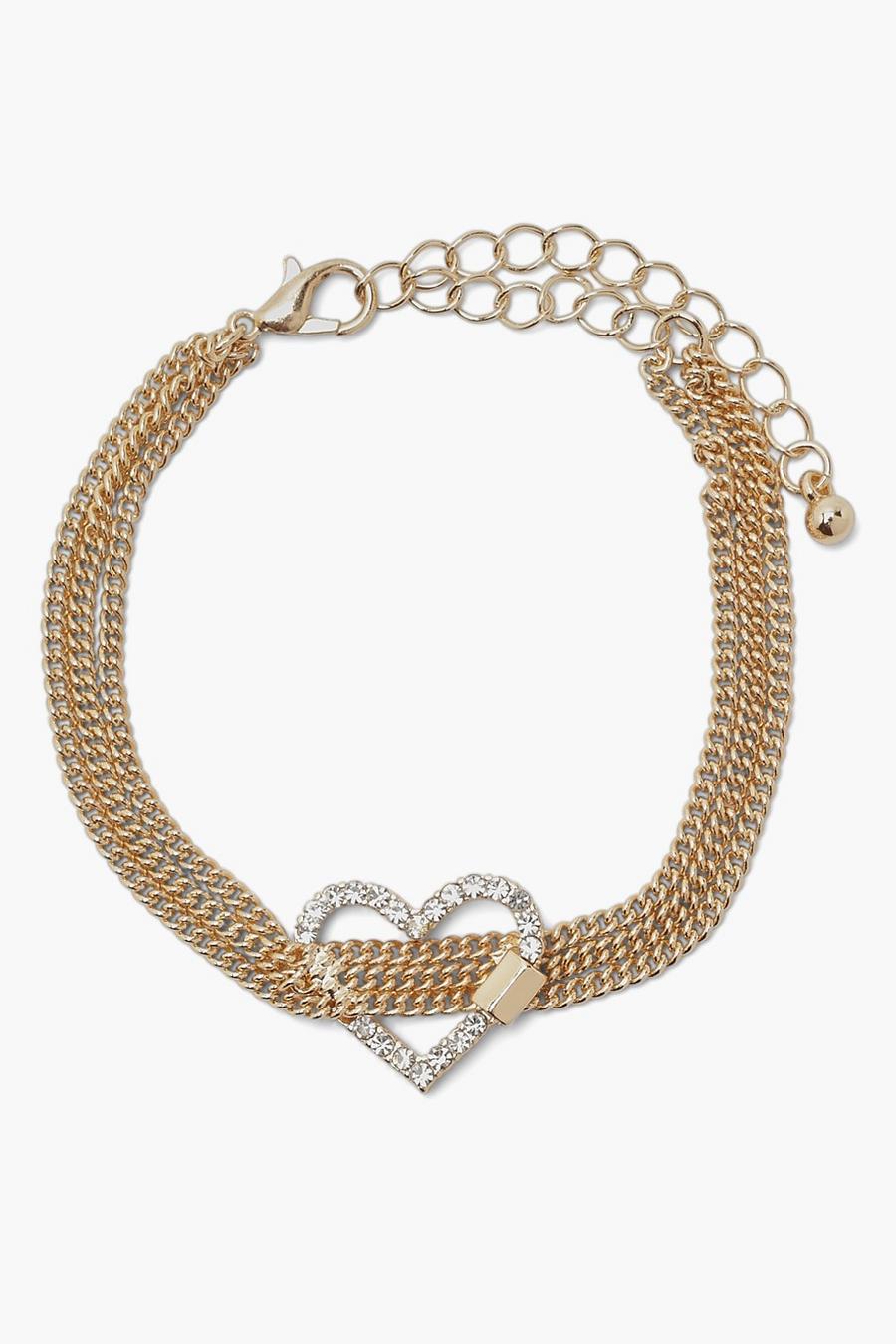 Gold Diamante Heart Lock Triple Row Bracelet image number 1