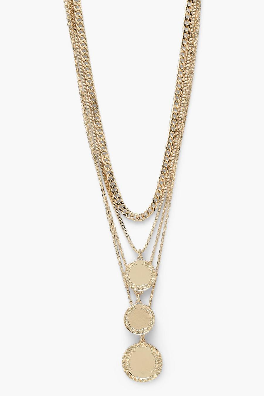 Collar llamativo con capas de cadenas y monedas, Dorado image number 1