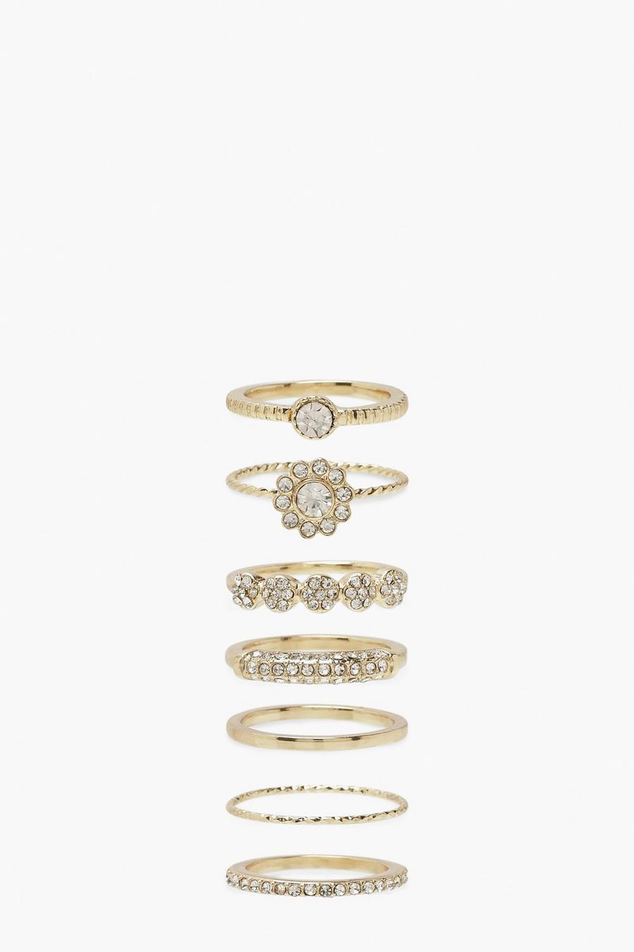 Gold Diamante Stacking Rings 7 Pack image number 1
