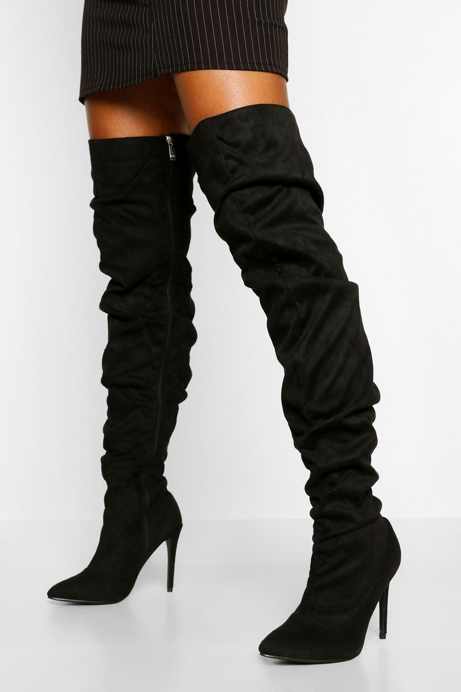 Black Slouched Stiletto Heel Thigh High Boots image number 1
